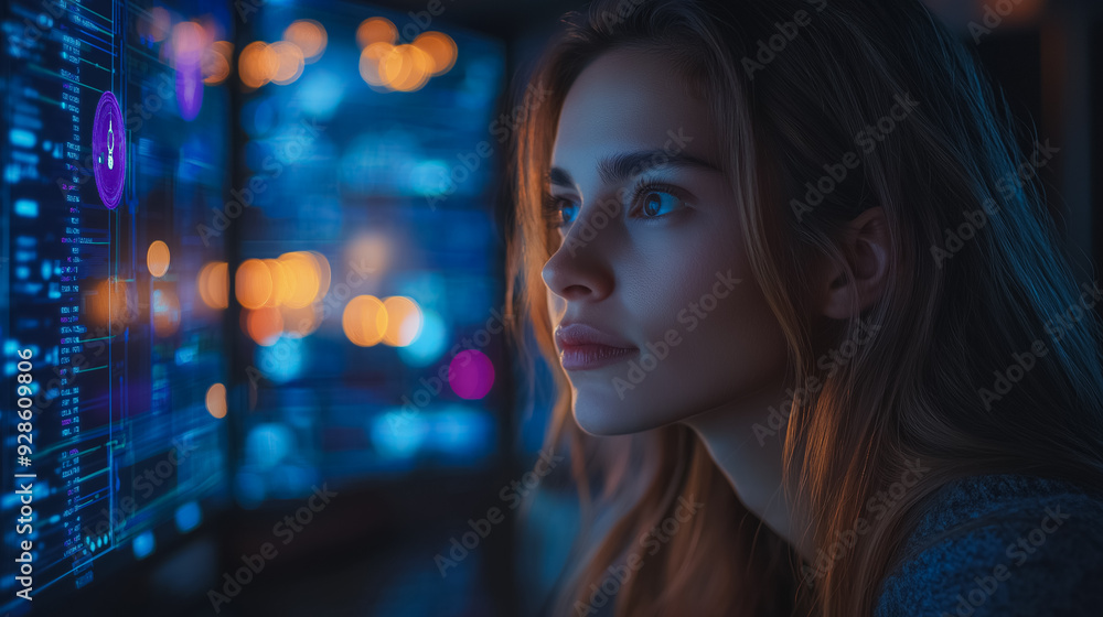 Poster a woman is looking at a computer screen with a lot of numbers and symbols. she is focused and attent