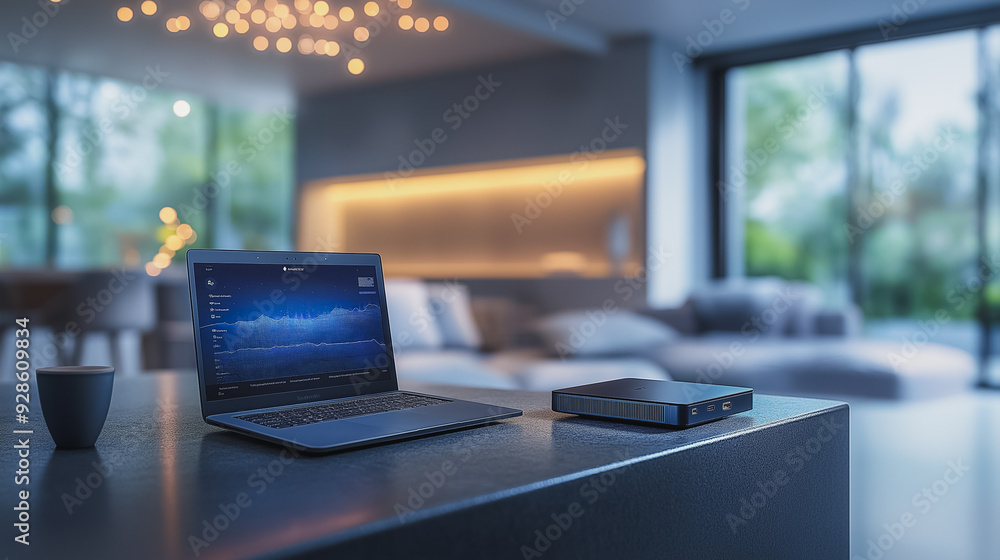 Poster a laptop is open on a table in a living room. the laptop is displaying a graph on the screen. the ro