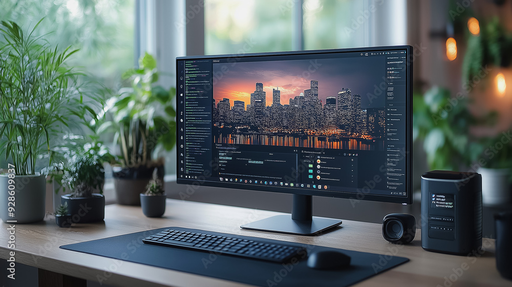 Poster a computer monitor is on a desk with a keyboard and mouse. the monitor is displaying a cityscape wit