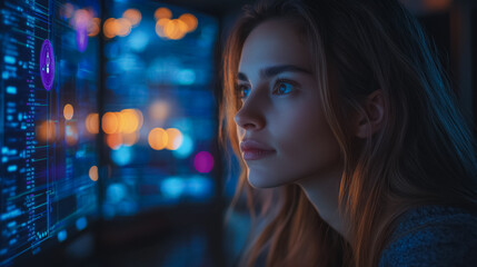 A woman is looking at a computer screen with a lot of numbers and symbols. She is focused and attentive, possibly working on a project or analyzing data. Concept of concentration and determination