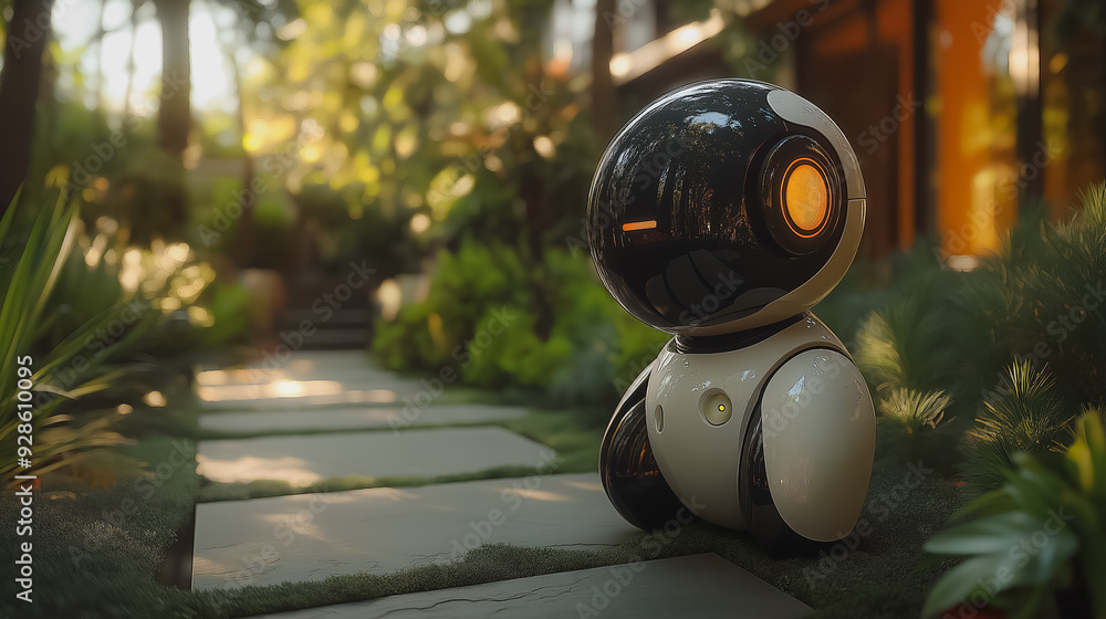 Poster a robot is standing on a path in a garden. the robot is black and white and has a yellow light on it