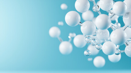 Close-up of a molecular structure with white spheres on a blue background, representing science, chemistry, and biological concepts.