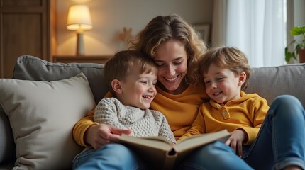 Mother Reading Storybook to Children: Cozy Family Bonding Moment on Living Room Sofa