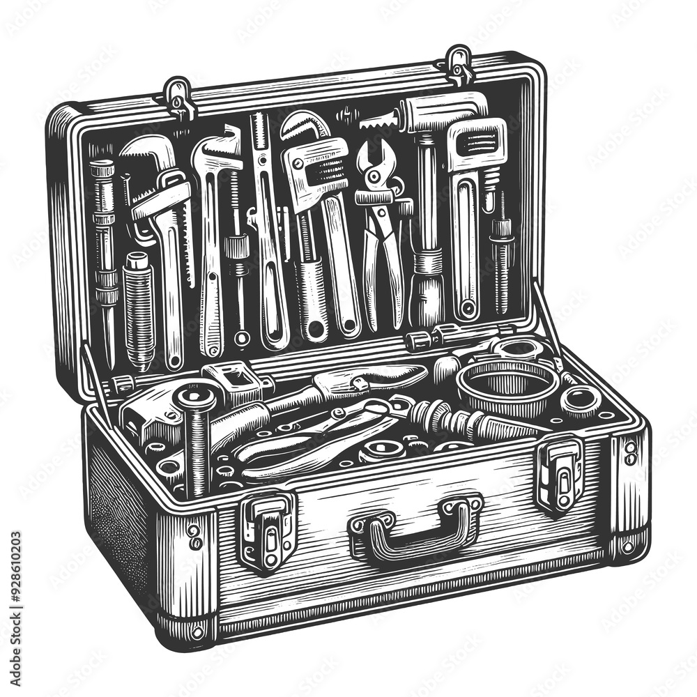 Poster open toolbox, displaying a range of mechanical tools in a striking black and white style sketch engr