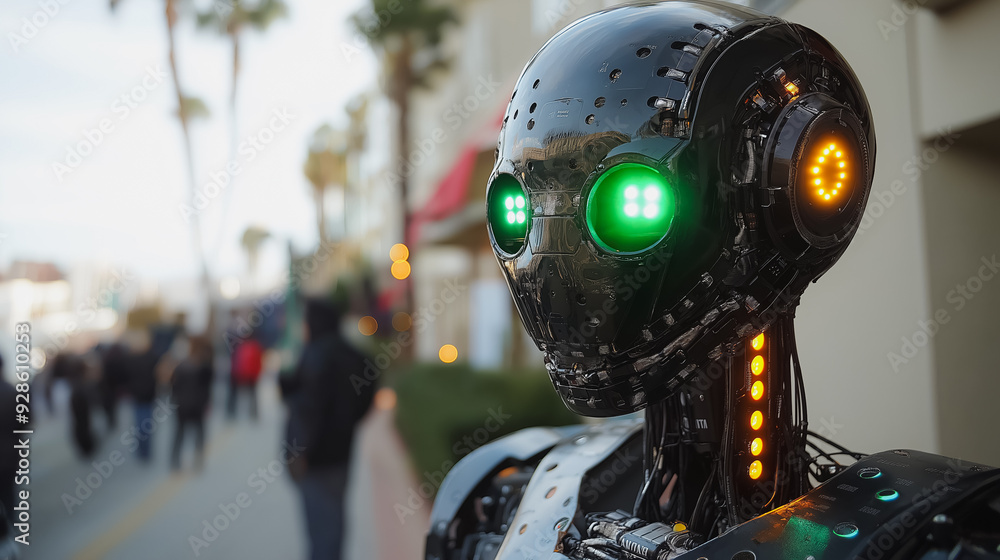 Poster a robot with green eyes stands on a sidewalk in front of a building. the robot is surrounded by peop