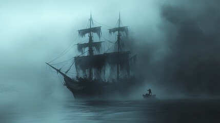 Draw a ghostly pirate ship with sails, a crow's nest, and pirate ghosts searching for lost treasure on a foggy sea.