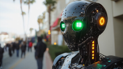 Fototapeta premium A robot with green eyes stands on a sidewalk in front of a building. The robot is surrounded by people walking on the sidewalk. The scene has a futuristic and somewhat eerie vibe