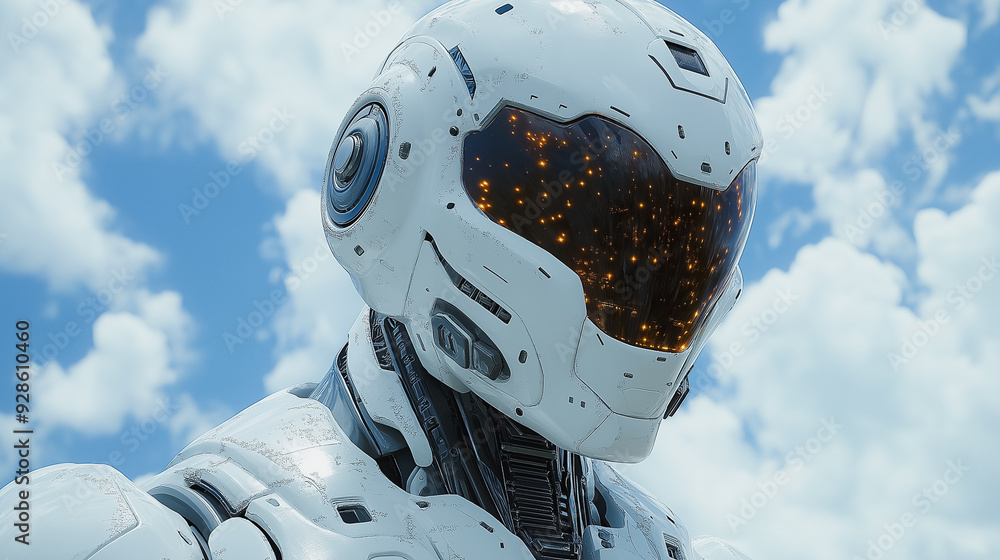 Poster a robot with a helmet on its head. the helmet is white and has a blue circle on it. the robot is sta