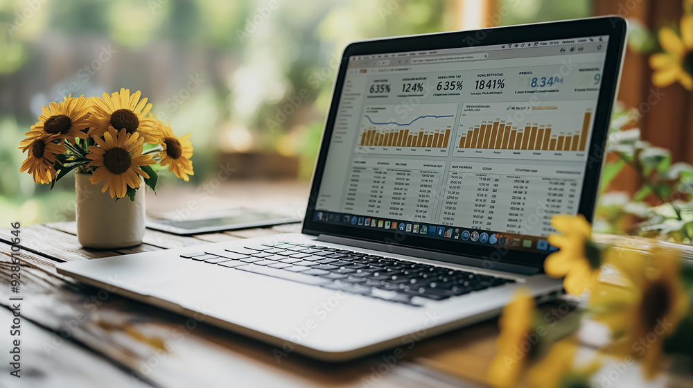 Poster a laptop is open on a table with a vase of yellow flowers in front of it. the laptop is displaying a