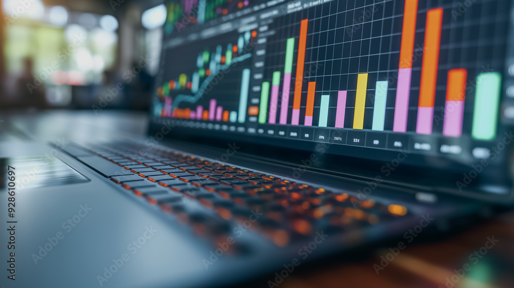 Poster a laptop displaying a graph with a red line on it. the graph is showing a downward trend