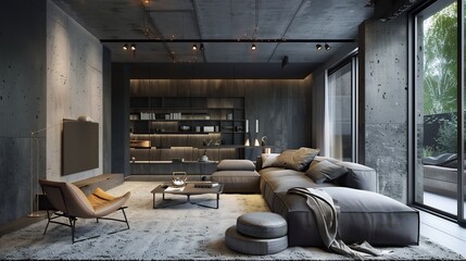 A serene, minimalist living room with a plush, white sofa adorned with neutral cushions and a cozy blanket. A wooden coffee table, abstract wall art, and elegant decor complete the tranquil ambiance.
