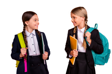 Close up photo two beautiful she her little ladies funny hands arms planners ready first learn day tell vacation news wear formalwear shirt blazer school form bag isolated bright orange background