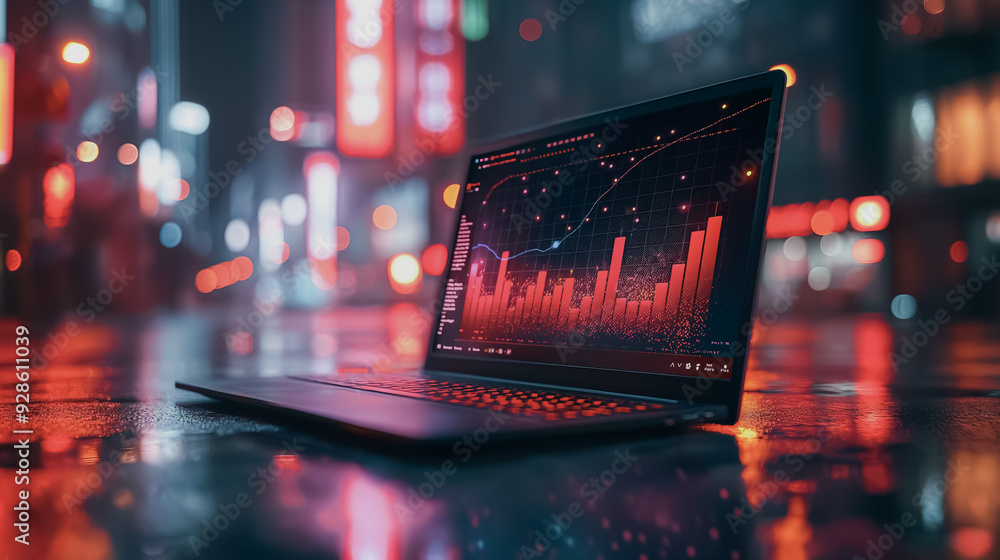 Poster a laptop is open to a screen with a graph on it. the graph is red and the laptop is on a wet surface