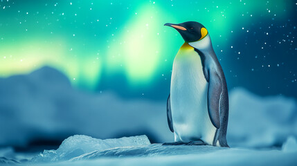 Fototapeta premium Penguin Standing Under Aurora Borealis