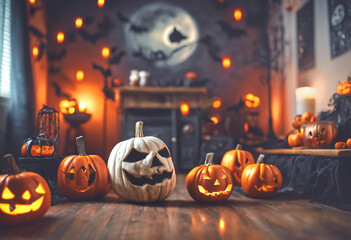 Fototapeta premium Eerie jack-o'-lantern with flickering candlelight inside. Classic Halloween symbol perfect for seasonal displays. Ideal for creating a spooky atmosphere in social media marketing camp