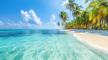 Fototapeta premium A serene tropical beach with clear waters and palm trees under a bright blue sky.