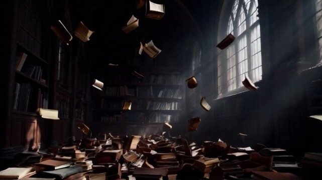 Many books and papers float in the air amidst rows of bookshelves filled with bound volumes, novels , reading book concept