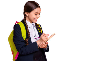 Close up side profile photo beautiful she her little lady hands arms learn notebooks noting...