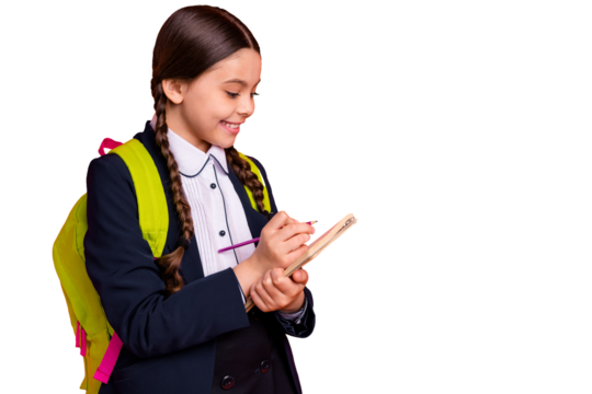 Close up side profile photo beautiful she her little lady hands arms learn notebooks noting information listen teacher wear formalwear shirt blazer school form bag isolated bright orange background