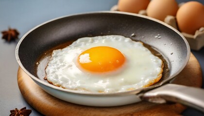 Close-Up of a Perfectly Cooked Fried Egg in a Frying Pan, Golden Yolk and Crisp Edges, 1-shot fried egg on a frying pan