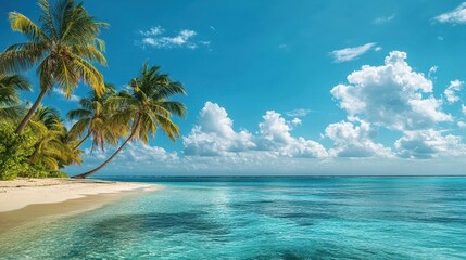 A serene tropical beach with palm trees and clear blue water under a bright sky.