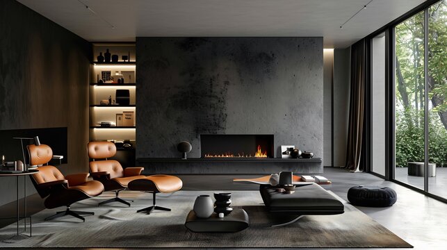 Modern Living Room with Fireplace and Large Window