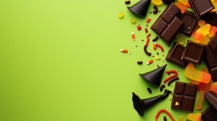 Festive background for Halloween with chocolate bars and gummy worms spilling over a green surface, tiny witches' hats and broomsticks integrated, open space for promotional banner or message.