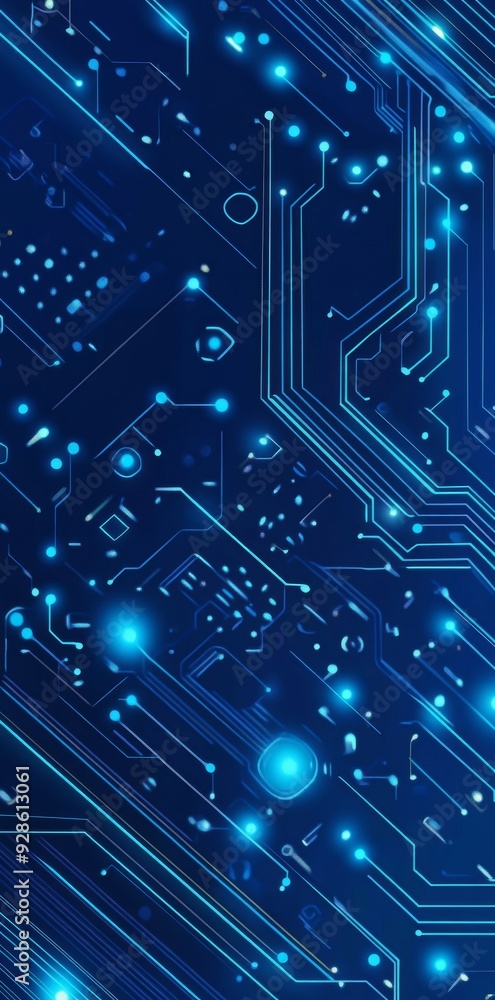 Poster abstract blue digital circuit board background with glowing lines and dots