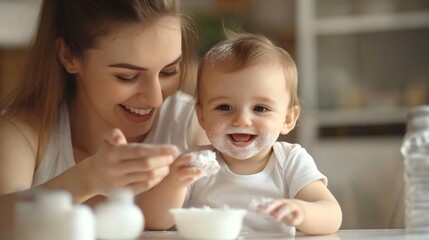 Happy Mother with Dusting Powder Near Her Cute Baby at Home