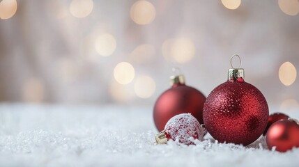 Three red christmas ornaments on a white surface with lights in the background, AI