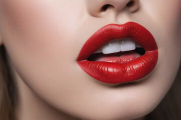 Fototapeta premium Beautiful female lips with red lipstick. Close-up of female lips.