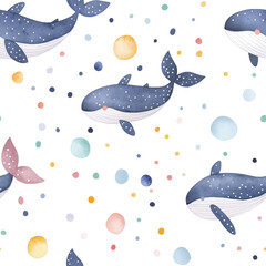 Watercolor seamless pattern with whale in a marine style. Seamless with birds flying. Pattern for fabric, baby clothes, background, textile, wrapping paper and other decoration