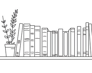 Book Collection - books, bookshelves, bookshelf, plant, potted plant, book arrangement, black and white, sketch, drawing, line art, library, reading