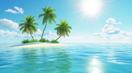 A serene tropical island with palm trees and a bright sun over calm ocean waters.