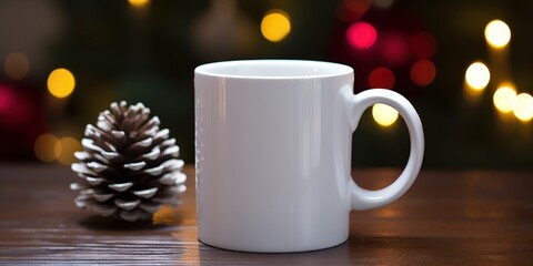 White Mug with Pine Cone on Wooden Table