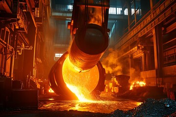Dramatic steel foundry with molten metal pouring, glowing orange tones, sparks.