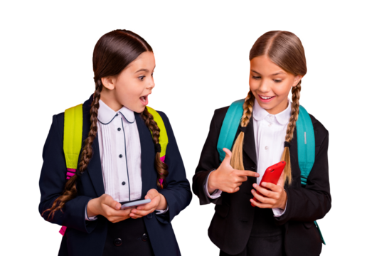 Close up photo two beautiful people she her little lady open mouth hands arms telephone reader instagram followers wear formalwear shirt blazer skirt school form bag isolated bright orange background