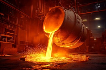 Dramatic steel foundry with molten metal pouring, glowing orange tones, sparks.