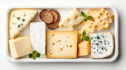 A delightful assortment of gourmet cheeses presented on a tray, ideal for cheese lovers and culinary enthusiasts.