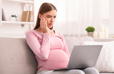 Fototapeta premium Anxious Pregnant Lady With Laptop Browsing Internet Reading Shocking News Sitting On Sofa Indoor. Pregnancy Fears And Anxiety. Selective Focus