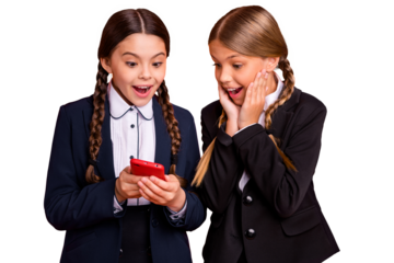Close up photo two beautiful people she her little sisters lady hands arms cheeks telephone show instagram followers wear formalwear shirt blazer school form bag isolated bright orange background