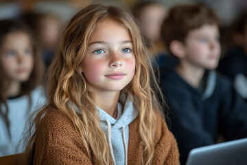 A kid holds a tablet in a classroom, focusing on her screen. The background shows other students blurred, highlighting her concentration and use of technology in education