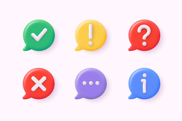 3d icon set of check mark, information icon, chat, cross, question mark, exclamation point, FAQ sign. Tick, question, information and answers mark. Help symbol. 3D Web Vector Illustrations.