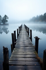 Obraz premium Old weathered jetty on foggy lake in autumn