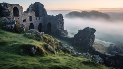 Fototapeta premium Ancient castle ruins at dawn with rolling mist