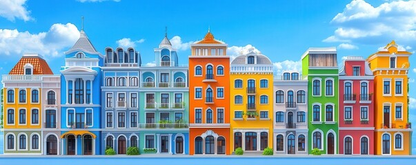 Mixed-use development, urban perspective, diverse proportions, 3D illustration