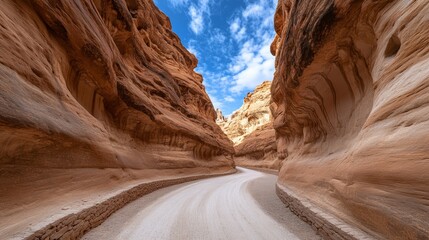 A stunning view of a winding canyon with colorful rock formations and a vivid sky, perfect for nature and landscape photography.