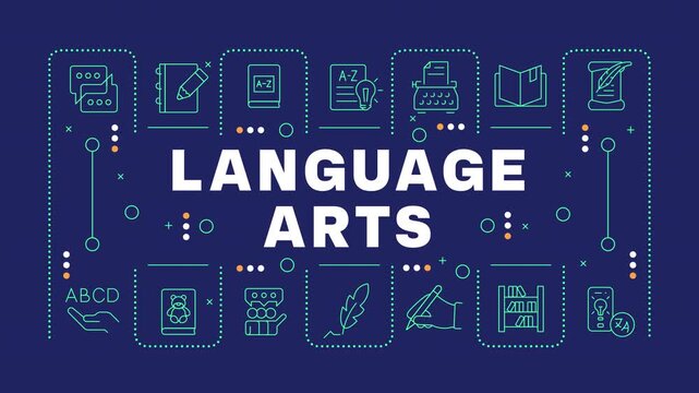 Language arts word concept animation. Social studies, alphabet letters. Grammar writing. Dynamic text with thin line icons on blue background. HD video with alpha channel. Motion graphic