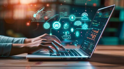 Digital learning concept with a laptop and floating icons for different aspects of online education 