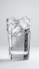 Close-up of a clear glass with ice cubes and sparkling water, set against a white background, showcasing refreshment and purity.